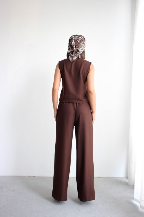 Acı Kahve Hakim Yaka Bluz Ve Beli Lastikli Dokuma Pantolon Alt Üst Takım