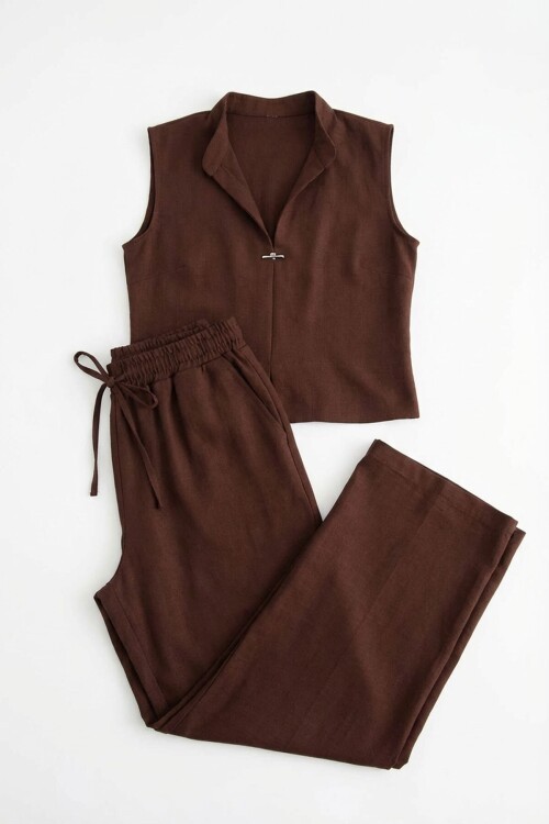 Acı Kahve Hakim Yaka Bluz Ve Beli Lastikli Dokuma Pantolon Alt Üst Takım