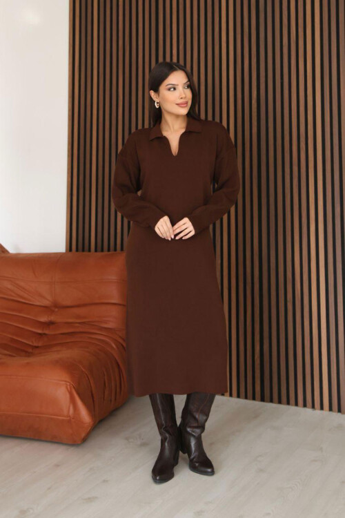 Acı Kahve Polo Yaka Midi Boy Triko Elbise BCES-253018