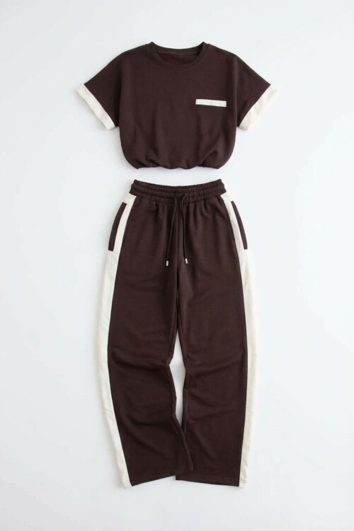 Acı Kahve Renk Bloklu Beli Lastikli Yumuşak Dokulu Kumaş Alt Üst Takım