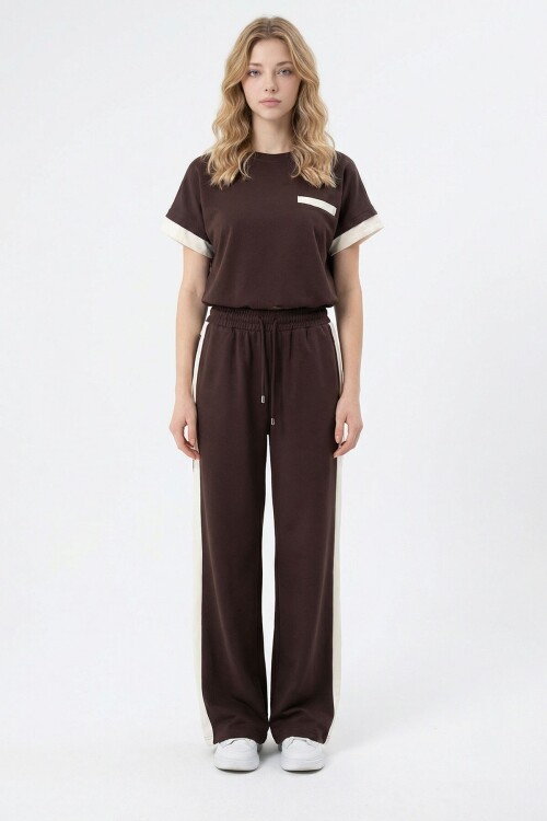 Acı Kahve Renk Bloklu Beli Lastikli Yumuşak Dokulu Kumaş Alt Üst Takım