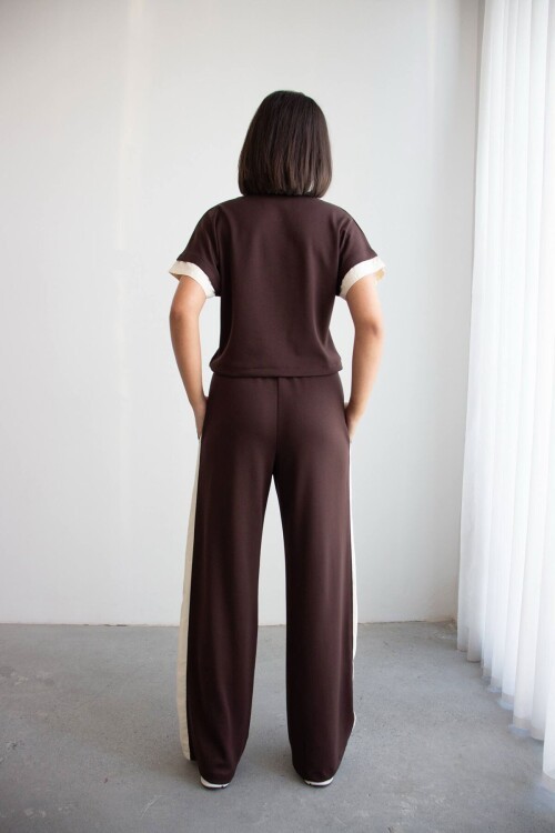 Acı Kahve Renk Bloklu Beli Lastikli Yumuşak Dokulu Kumaş Alt Üst Takım