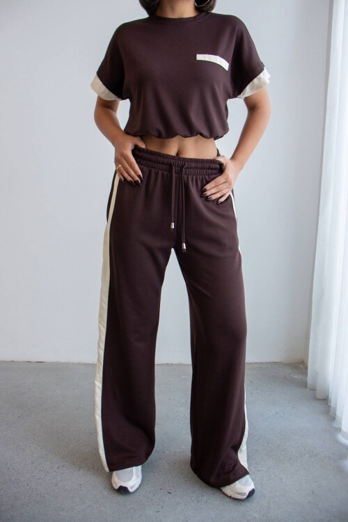 Acı Kahve Renk Bloklu Beli Lastikli Yumuşak Dokulu Kumaş Alt Üst Takım