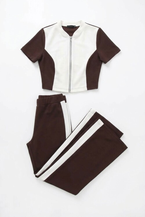 Acı Kahve Renk Bloklu Fermuarlı Yumuşak Dokulu Kumaş Eşofman Takımı