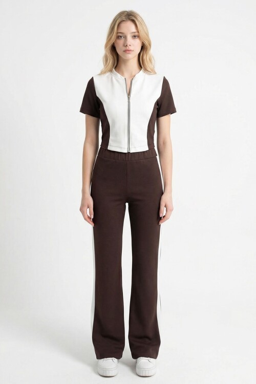 Acı Kahve Renk Bloklu Fermuarlı Yumuşak Dokulu Kumaş Eşofman Takımı