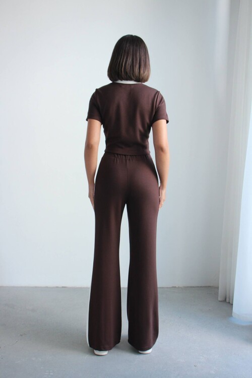 Acı Kahve Renk Bloklu Fermuarlı Yumuşak Dokulu Kumaş Eşofman Takımı