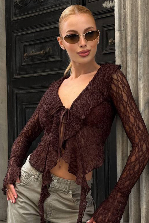 Acı Kahve V Yaka Bağlamalı Önü Fırfırlı Tül Bluz BCHZCK-251264