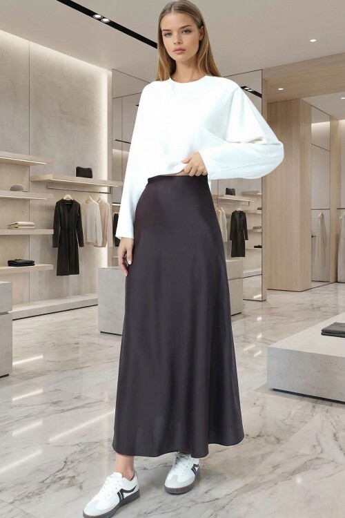 Acı Kahve Yüksek Bel Basic Saten Etek BCHCA-251231