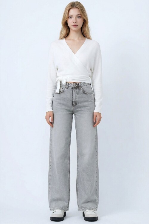 Açık Gri Yüksek Bel 5 Cepli Baggy Jean