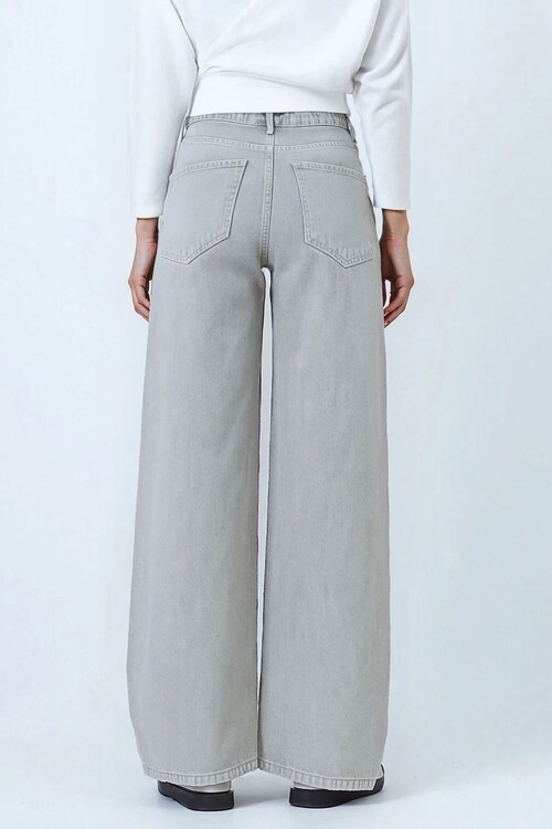 Açık Gri Yüksek Bel 5 Cepli Baggy Jean