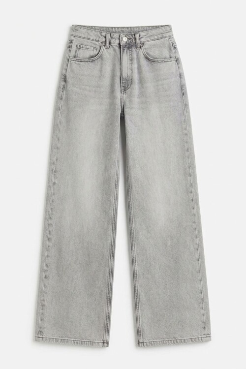 Açık Gri Yüksek Bel 5 Cepli Baggy Jean