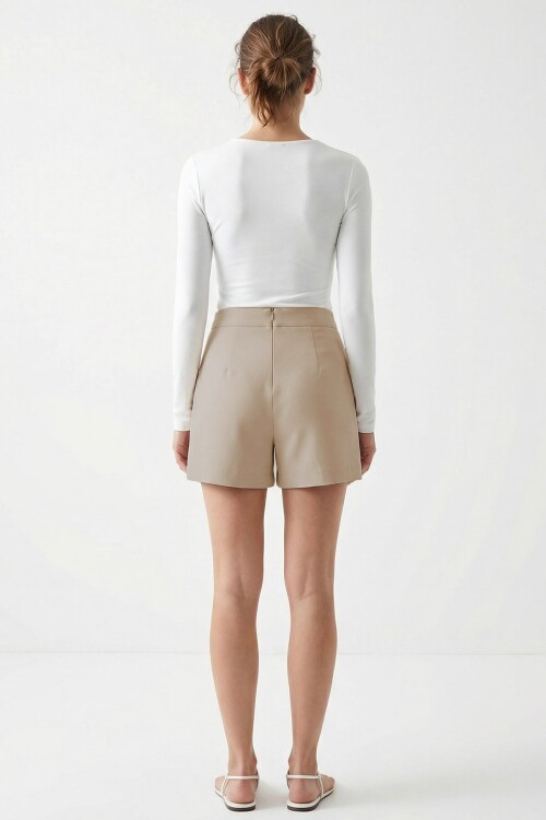 Açık Haki Düğmeli Dokuma Kumaş Şortlu Etek BCVDO-251000