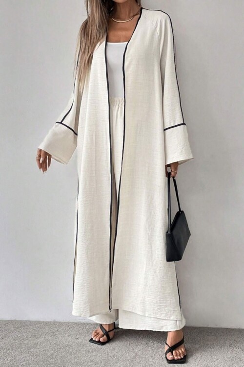 Alaçatı Keten Kimono Siyah Çizgi Detaylı Takım