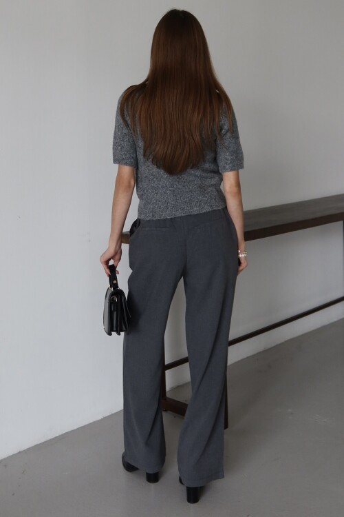 Antrasit Kemerli Çift Cepli Palazzo Pantolon
