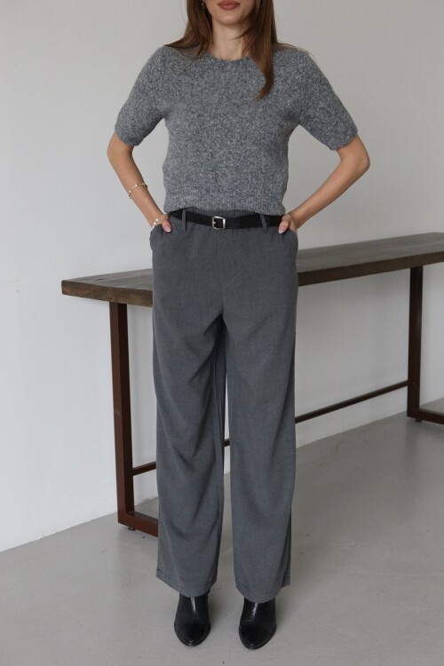 Antrasit Kemerli Çift Cepli Palazzo Pantolon