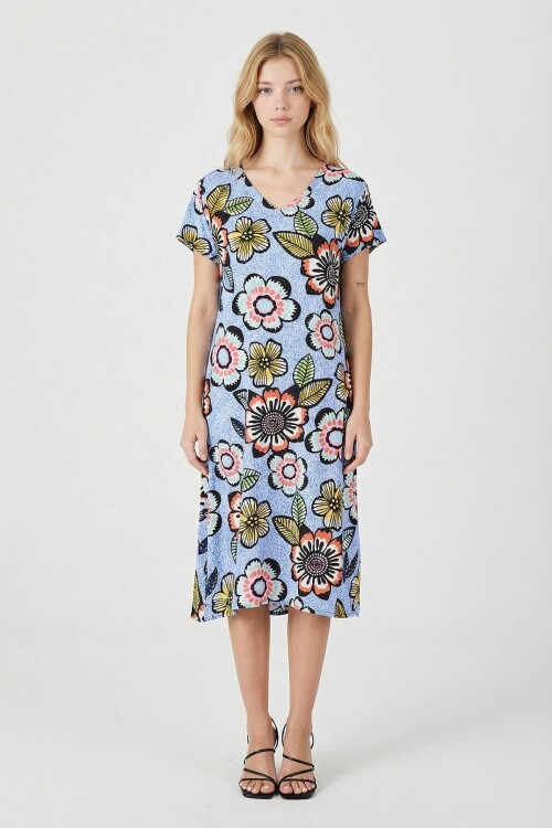 Bebe Mavi Derin V Yaka Çiçek Desenli Midi Boy Elbise