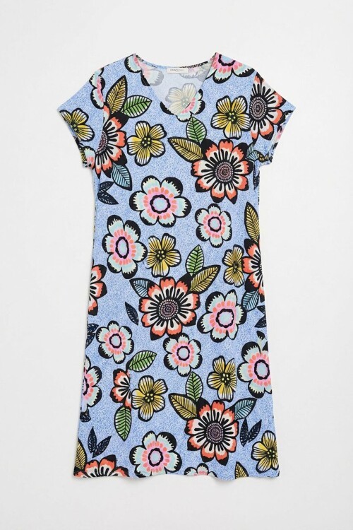 Bebe Mavi Derin V Yaka Çiçek Desenli Midi Boy Elbise