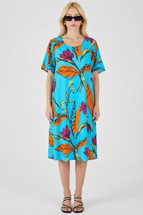 Bebe Mavi Yaprak Desenli U Yaka Kısa Kollu Midi Boy Elbise