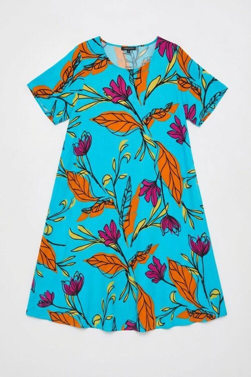 Bebe Mavi Yaprak Desenli U Yaka Kısa Kollu Midi Boy Elbise