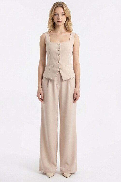 Bej Brit Detaylı Kare Yaka Crep Bluz Ve Pantolon Alt Üst Takım