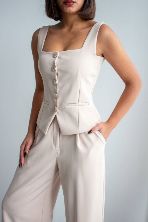 Bej Brit Detaylı Kare Yaka Crep Bluz Ve Pantolon Alt Üst Takım