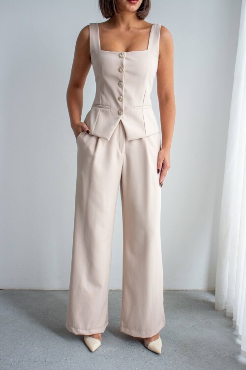 Bej Brit Detaylı Kare Yaka Crep Bluz Ve Pantolon Alt Üst Takım