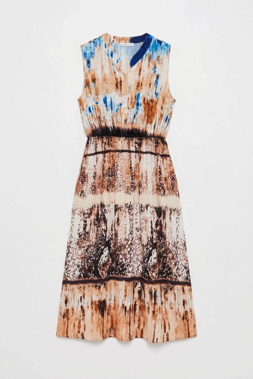 Bej Çentik Yaka Düğmeli Desenli Kolsuz Midi Elbise