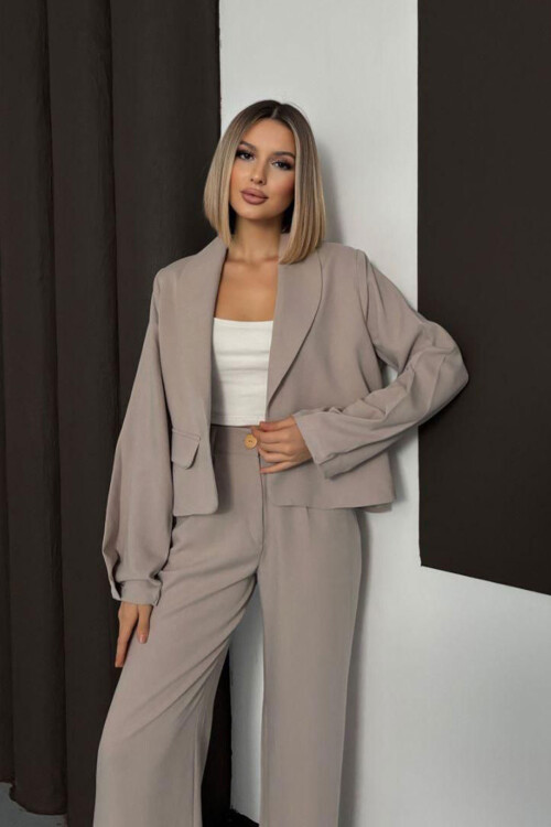 Bej Çift Cep Kapaklı Ceket Ve Palazzo Pantolon Dokuma Alt Üst Takım BCHN-254002