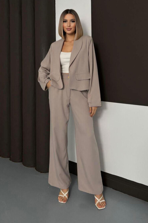 Bej Çift Cep Kapaklı Ceket Ve Palazzo Pantolon Dokuma Alt Üst Takım BCHN-254002
