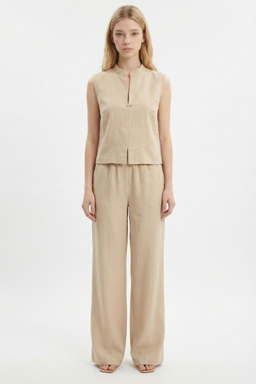 Bej Hakim Yaka Bluz Ve Beli Lastikli Dokuma Pantolon Alt Üst Takım