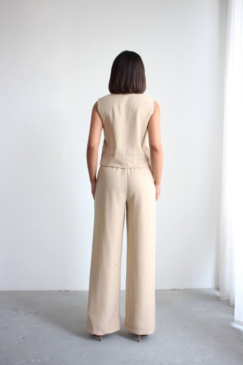 Bej Hakim Yaka Bluz Ve Beli Lastikli Dokuma Pantolon Alt Üst Takım