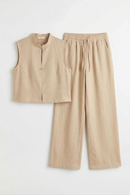 Bej Hakim Yaka Bluz Ve Beli Lastikli Dokuma Pantolon Alt Üst Takım