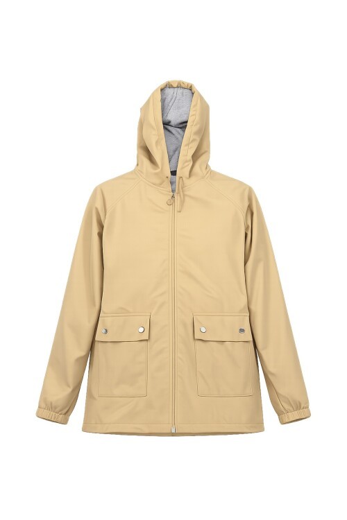 Bej Kapüşonlu Fermuarlı Çift Cepli Yağmurluk Ceket