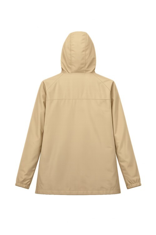 Bej Kapüşonlu Fermuarlı Çift Cepli Yağmurluk Ceket