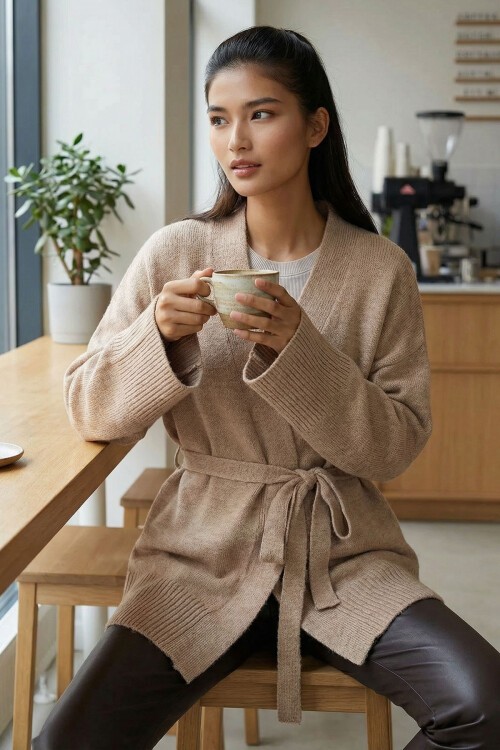 Bej Kuşak Bağlamalı Uzun Triko Hırka BCHPK-251237