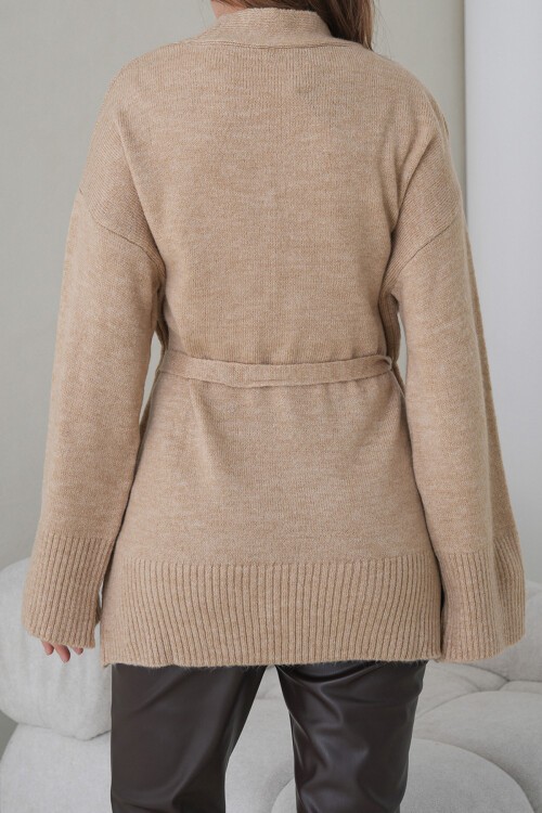 Bej Kuşak Bağlamalı Uzun Triko Hırka BCHPK-251237