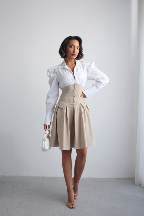 Bej Pileli Çizgili Dokuma Gömlek Elbise