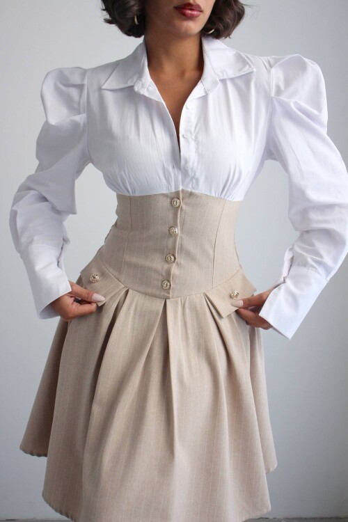 Bej Pileli Çizgili Dokuma Gömlek Elbise