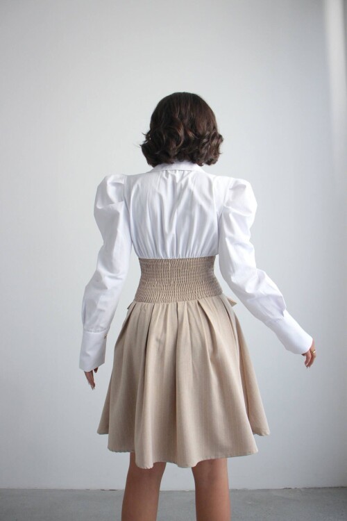 Bej Pileli Çizgili Dokuma Gömlek Elbise