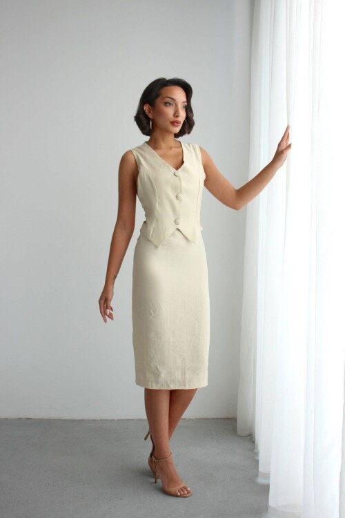 Bej Tensel Kumaş Yelek Ve Elbise 2 Li Takım Model Elbise