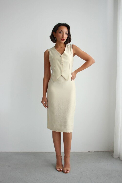 Bej Tensel Kumaş Yelek Ve Elbise 2 Li Takım Model Elbise