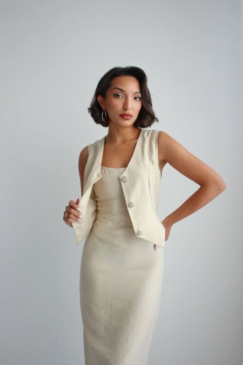 Bej Tensel Kumaş Yelek Ve Elbise 2 Li Takım Model Elbise