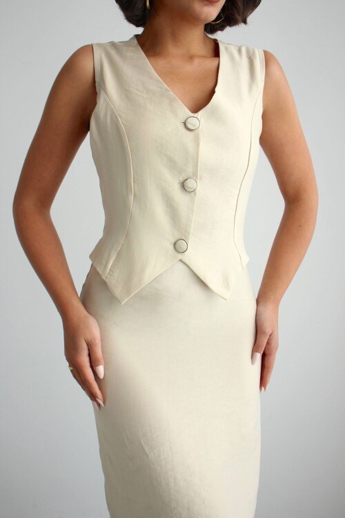 Bej Tensel Kumaş Yelek Ve Elbise 2 Li Takım Model Elbise