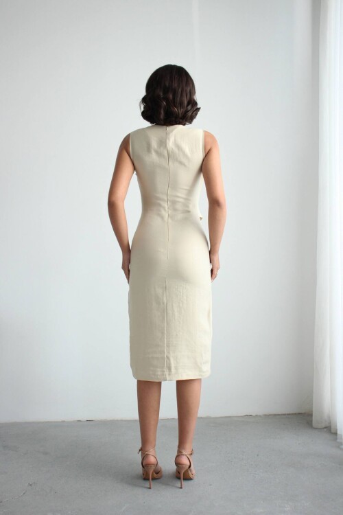 Bej Tensel Kumaş Yelek Ve Elbise 2 Li Takım Model Elbise