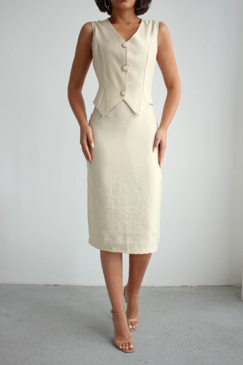 Bej Tensel Kumaş Yelek Ve Elbise 2 Li Takım Model Elbise