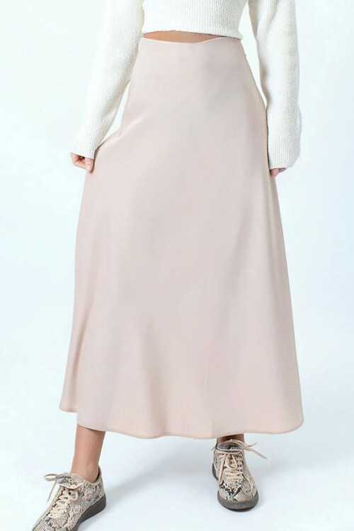 Bej Yüksek Bel Basic Saten Etek BCHCA-251231