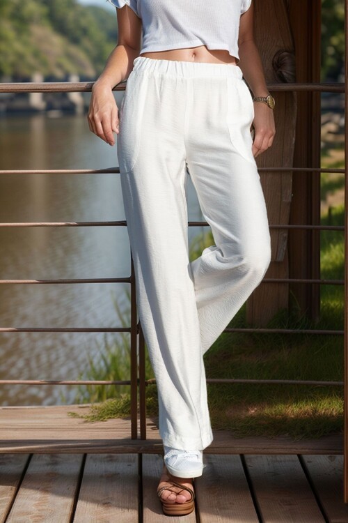 Beyaz Keten Beli Lastikli Salaş Pantolon