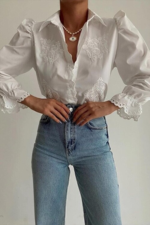 Beyaz Prenses Kol Güpür Nakışlı Dokuma Gömlek BCHESQ-251227