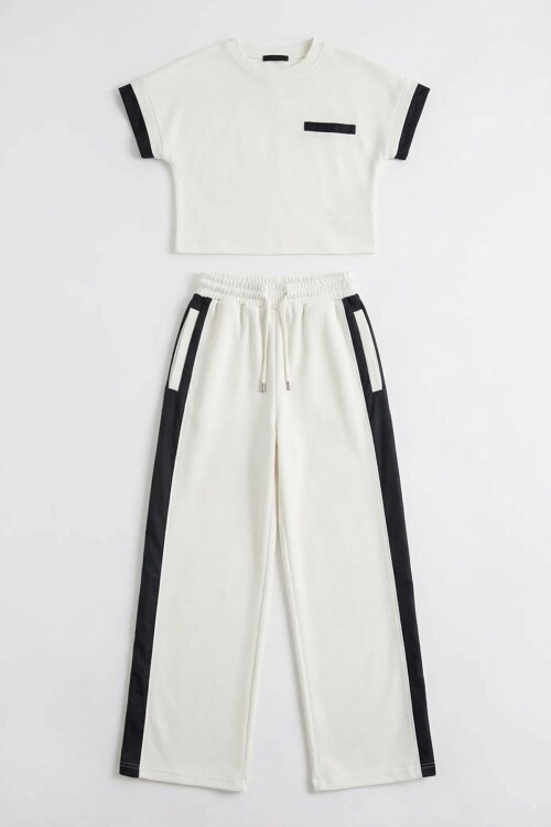 Beyaz Renk Bloklu Beli Lastikli Yumuşak Dokulu Kumaş Alt Üst Takım