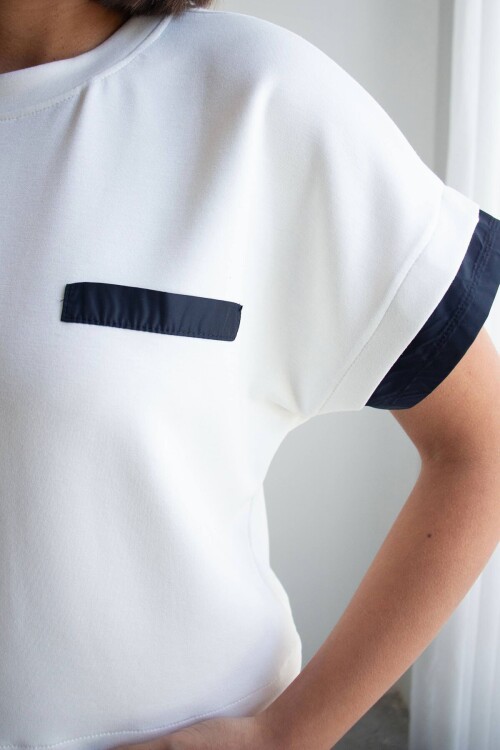 Beyaz Renk Bloklu Beli Lastikli Yumuşak Dokulu Kumaş Alt Üst Takım